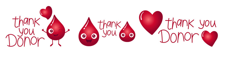 Red heart and blood drop characters. Thank you donor lettering slogan. Cute and kind little red droplet. 3D effect. Good for logo, paper cards for world blood donor day.