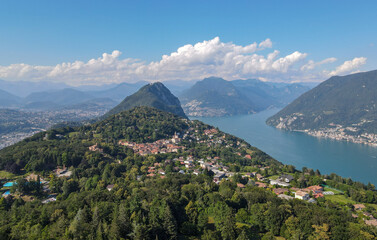 Fototapeta na wymiar Arial view at the village of Carona near Lugano in Switzerland