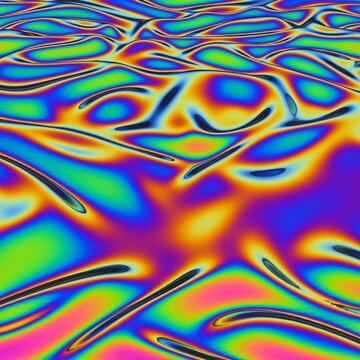 3D Rendering Of Holographic Iridescent Wavy Surface, Topographic Or Heat Map. Glitched And Distorted Space.