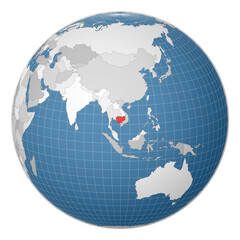 Globe centered to Cambodia. Country highlighted with green color on world map. Satellite world projection. Radiant vector illustration.