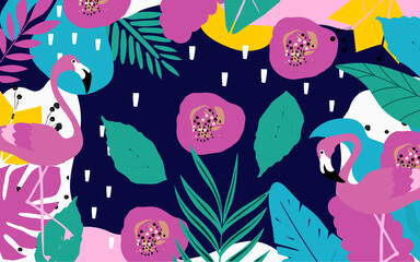 Tropical flowers and leaves background with flamingos. Colorful summer vector illustration design. Exotic tropical art print for travel and holiday, fabric and fashion
