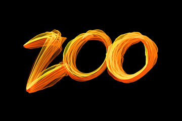 The word Zoo written in bright fiery stroke on a black background. Overlay for your design