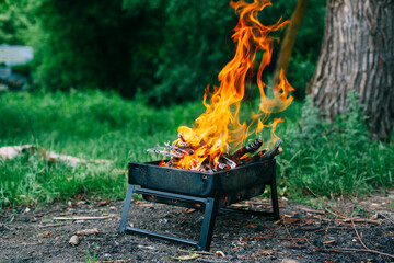 A small folding portable brazier filled with burning wood. Cooking on the grill. Safe fire in...