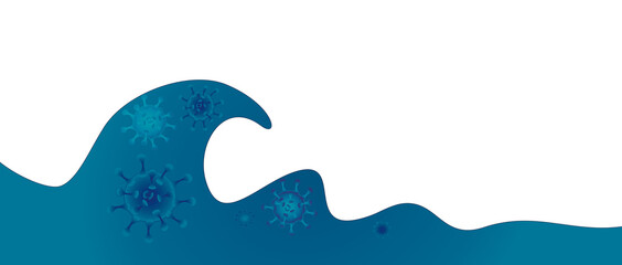 Eine blaue Welle von links mit blauen Viren auf weiß.