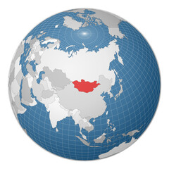 Globe centered to Mongolia. Country highlighted with green color on world map. Satellite world projection. Neat vector illustration.