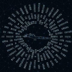 Hvar & Dalmatian Islands digital map. Binary rays radiating around glowing island. Internet connections and data exchange design. Vector illustration.