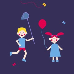 Summer illustration in a flat style. Brother and sister walk together. Girl holding a balloon, a boy catches butterflies. Vector illustration. 