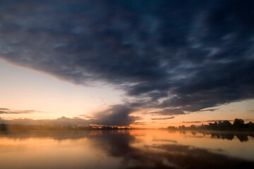 Colorful sunset by the Odra River, Poland.