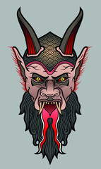Damn, demon with horns and tongue, old school tattoo style 