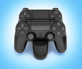 Two black gamepads at the docking station on blue gradient 3d rendering