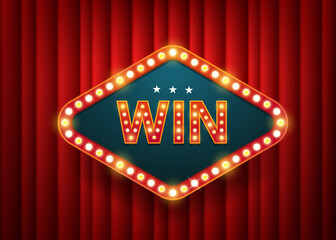Win, Retro poster speech bubble. electric bulbs frame on red curtain background. Vector illustration - 361324902
