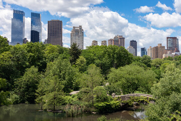 Central Park Skyline View over the Pond with the Gapstow Bridge in New York City during Spring