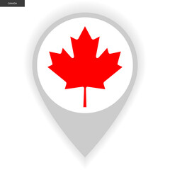 Canada marker flag icon with shadow on white background. Canada  pin icon isolated on white background.