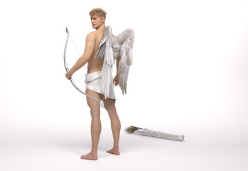 3D Render : The portrait of Cupid character with a bow and arrow in his hands