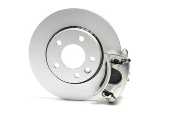 brand new brake discs, brake caliper and brake pad set for car. isolated on white with copy space.