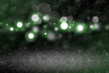 Obraz na płótnie Canvas green wonderful sparkling glitter lights defocused bokeh abstract background with falling snow flakes fly, festive mockup texture with blank space for your content