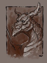 Digital ink drawing of a dragon with wings and horns on toned background - digital fantasy drawing