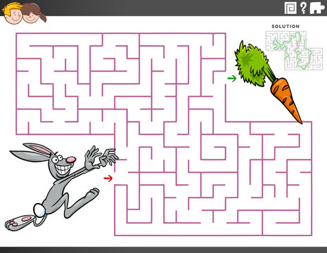 maze educational game with cartoon rabbit and carrot