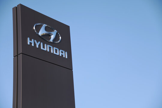 Buchholz, Lower Saxony / Germany - April 8, 2018: Sign at the entrance to Hyundai store in Buchholz, Germany - Hyundai is a South Korean multinational car manufacturer