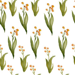 Seamless watercolor hand drawn floral patern with wild flowers. Lily of the valley with green leaves foliage and orange yellow berries. Wild nature forest wood woodland. For textile wrapping paper