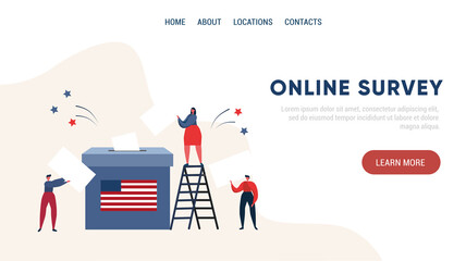 People put ballots in a voting box. Presidential elections in the USA. American flag. Template for website, landing page of online survey. Flat vector illustration.
