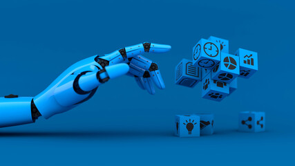 Blue robot hand manage business icon, A.I. and machine technology assistant for industrial