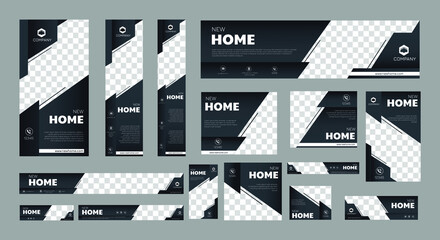 set of creative web banners of standard size with a place for photos. Real Estate ad banner. Vertical, horizontal and square template.	