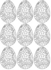 Easter egg with print Flowers, branches, leaves, hearts, drops and dots. Seamless pattern with nine eggs. Hand drawing coloring book for children and adults. One of a series of painted pictures.