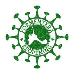 Formentera reopening stamp. Green round badge of island with map of Formentera. Island opening after lockdown. Vector illustration.