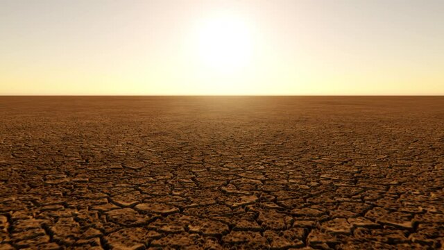 A cracked dry soil landscape, desolate and barren as far as the eye can see, where no human life could exist or crops could ever grow.