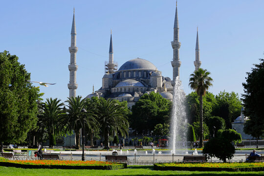 The Blue Mosque is seen from the Sultanahmet square during a hot summer afternoon in Istanbul, Turkey.