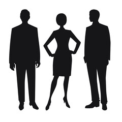 The black Silhouettes of men and woman, business people isolated on a white background, cocktail party. Stock vector illustration.