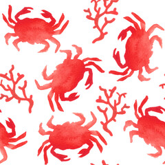 Watercolor illustration of red corals and crabs pattern