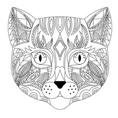 Cat head coloring book illustration. Antistress coloring for adults. black and white lines. Print for t-shirts and coloring books.	