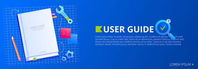 User manual for paper booklet. Vector illustration banner. Guide book top view, near a magnifying glass with a question mark