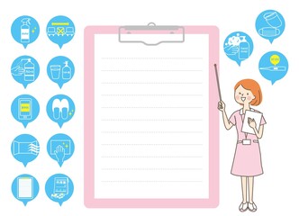 指示棒を持って説明する女性スタッフと医療のアイコン