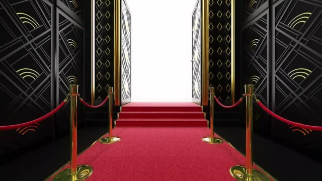 Red Carpet festival scene animation. Red carpet and pillars with red ropes. 3D render