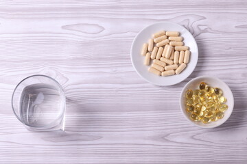 different dietary supplement pills and omega three capsules