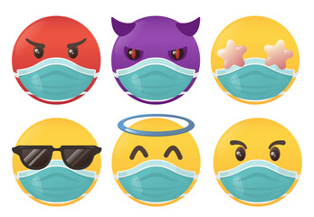 Set of different emoji in medical mask isolated on white background.
