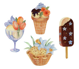 ice cream with summer flowers, dessert, food, sweets