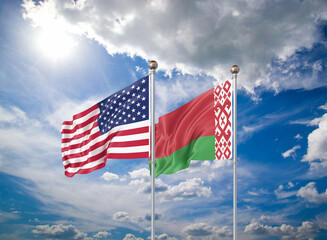 Realistic 3D Illustration. USA and Belarus. Waving flags of America and Belarus.