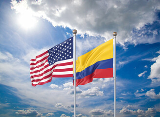 Realistic 3D Illustration. USA and Colombia. Waving flags of America and Colombia.