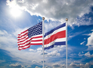 Realistic 3D Illustration. USA and Costa Rica. Waving flags of America and Costa Rica.