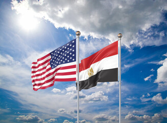 Realistic 3D Illustration. USA and Egypt. Waving flags of America and Egypt.