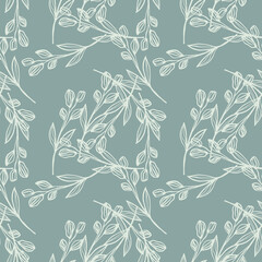 Creative line art leaf seamless pattern on green background. Hand drawn floral botanical wallpaper.