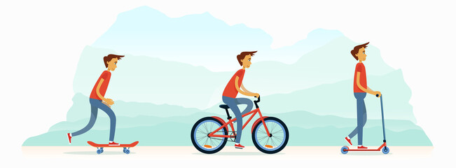 A young man rides a bicycle, rolls on a scooter, and on a skateboard. A group of young people are engaged in an active summer sport. Vector flat design illustration banner.