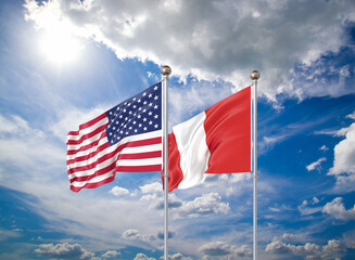 Realistic 3D Illustration. USA and Peru. Waving flags of America and Peru.