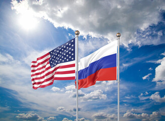 Realistic 3D Illustration. USA and Russia. Waving flags of America and Russia.