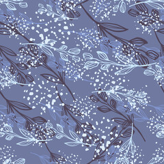 Grunge line art flower seamless pattern on blue background. Hand drawn floral botanical wallpaper.