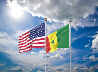 Realistic 3D Illustration. USA and Senegal. Waving flags of America and Senegal.